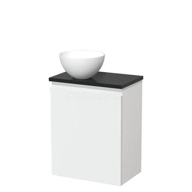 Wit wastafelonderkast met matzwart blad en ronde witte waskom, ideaal voor een moderne badkamerstijl.