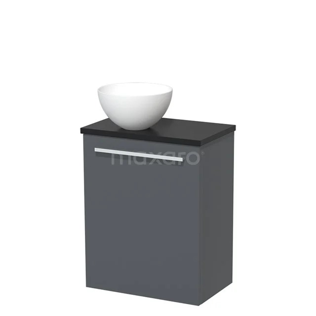 Grijze badkamerkast met zwarte bovenblad en witte komvormige wastafel, compact design voor moderne badkamers.