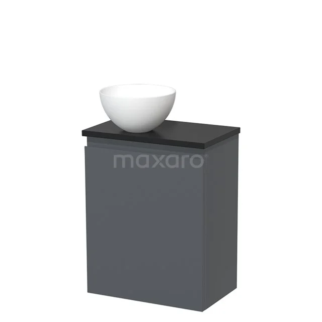 Grijze badkamerkast met mat zwart blad en witte ronde waskom, compact ontwerp voor moderne badkamers.