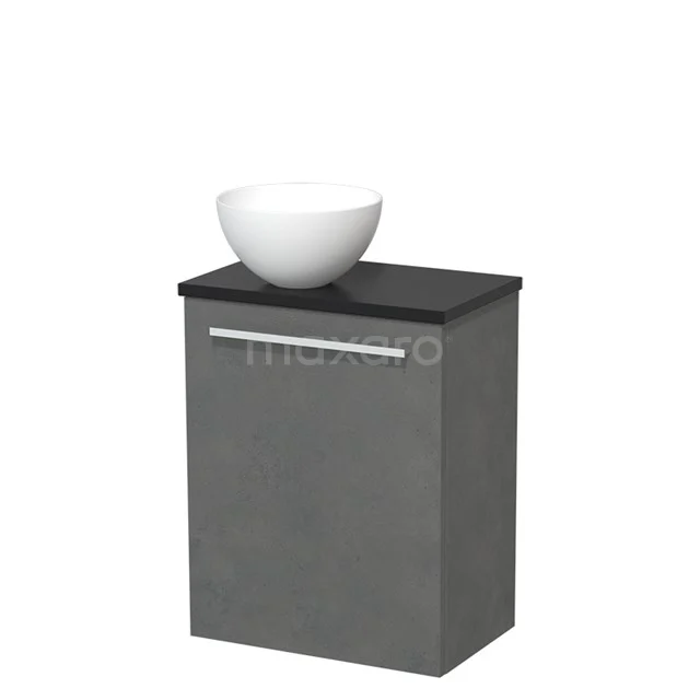 Grijze badkameronderkast met zwarte top en witte ronde wastafel, strak modern ontwerp, ideaal voor compacte badkamers.