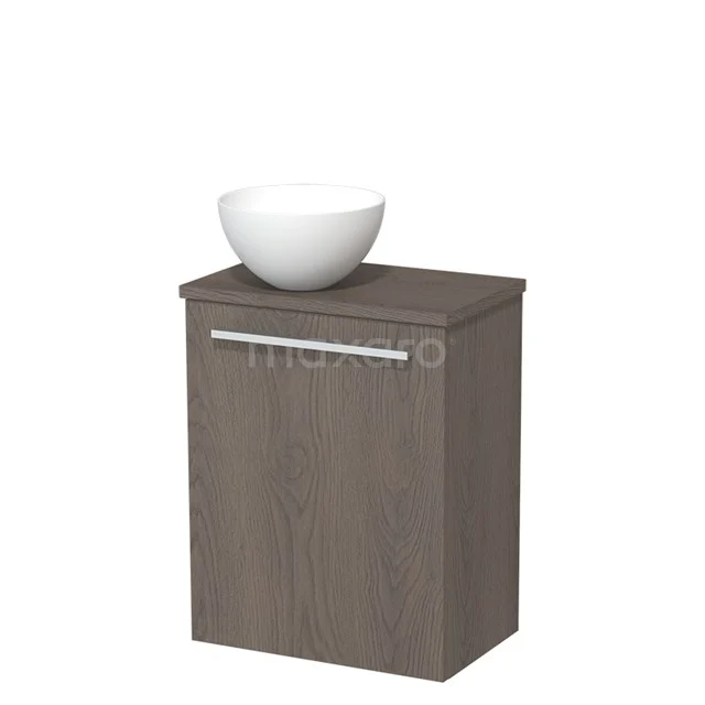 WC-Möbel mit Aufsatzwaschbecken | 41 cm Dunkelbraune Eiche Glatte Front Matt Weiß Aufsatzwaschbecken Dunkelbraune Eiche Platte TMK10-08395 Kompakter Badschrank in Holzoptik mit einem weißen Waschbecken; stilvoll und praktisch für moderne Bäder.