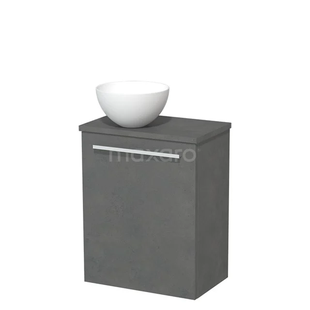 Grijs badkamermeubel met opzetwastafel, modern design, compacte vorm, ideaal voor een stijlvolle en praktische badkamer.