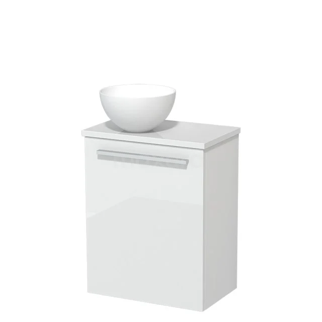 Wit badkamermeubel met wastafelkast, keramische opzetkom en moderne handgreep, ideaal voor compacte badkamerindelingen.