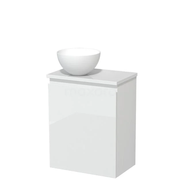 Weißes Badezimmermöbel mit schalenförmigem Waschbecken, glänzender Oberfläche und kompaktem Design; ideal für moderne Bäder.