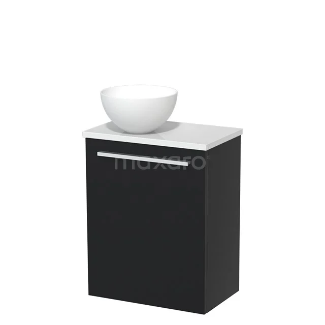 Zwart badkamermeubel met witte keramische wastafel, moderne uitstraling en compact design voor kleine badkamers.