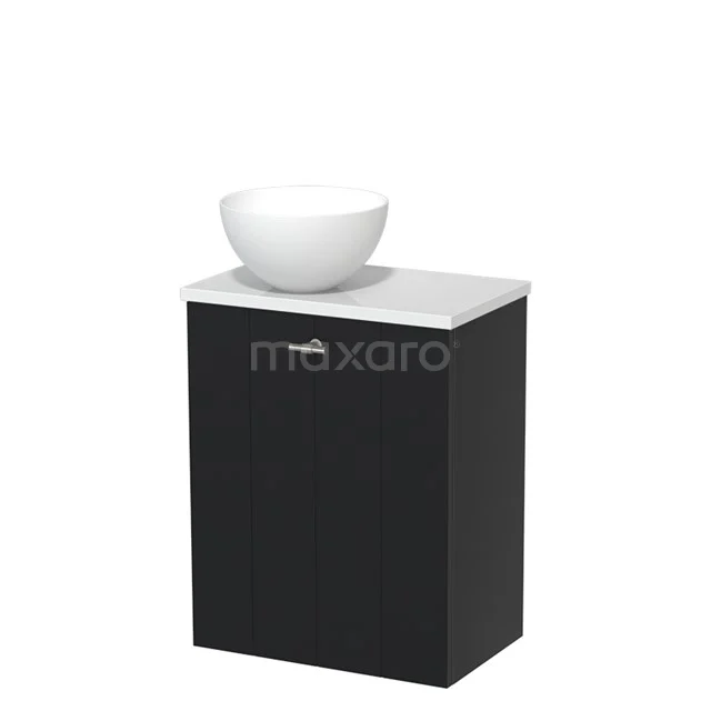 Zwart badkamermeubel met enkele deur, wit keramische waskom en marmeren blad, compact design voor moderne badkamers.