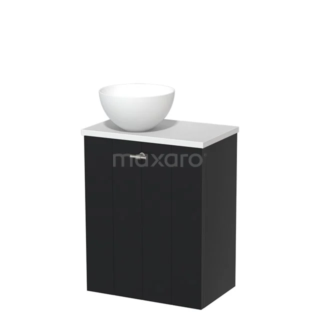 Zwart badkamermeubel met witte wastafel van keramiek, compact design, ideaal voor moderne badkamers.
