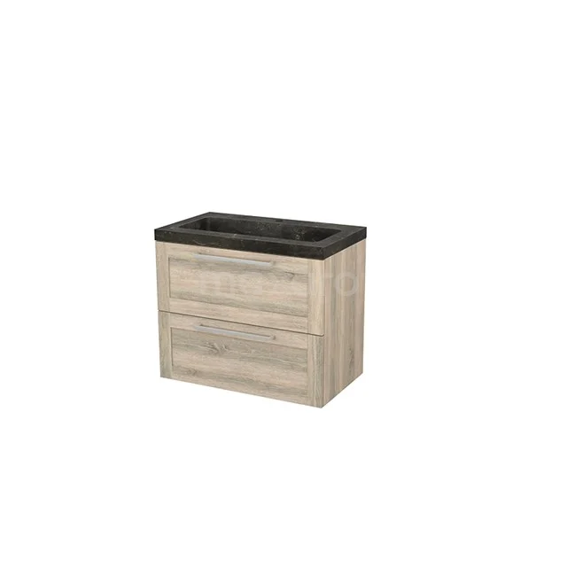 Wooden bathroom unit with black basin worktop, modern look, two drawers, ideal for storage space in the bathroom.