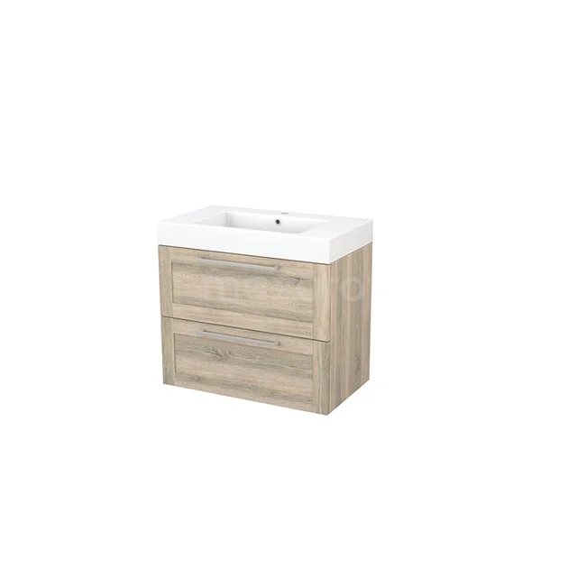 Wooden bathroom unit with two drawers in oak look and white ceramic basin, modern and compact design.