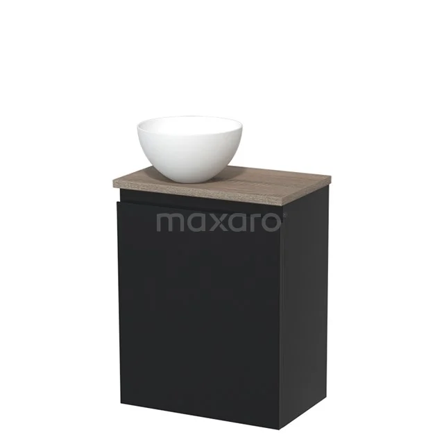 Zwart badkamerkastje met houten blad en wit stenen waskom, modern ontwerp, ideaal voor een stijlvolle badkamerinrichting.