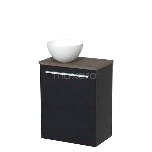 Zwarte badkamerkast met houten blad en witte waskom, modern design voor stijlvolle badkamers.