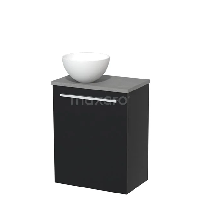 Zwart badkamermeubel met matte afwerking, grijs blad en witte waskom, perfect voor moderne badkamerinrichtingen.