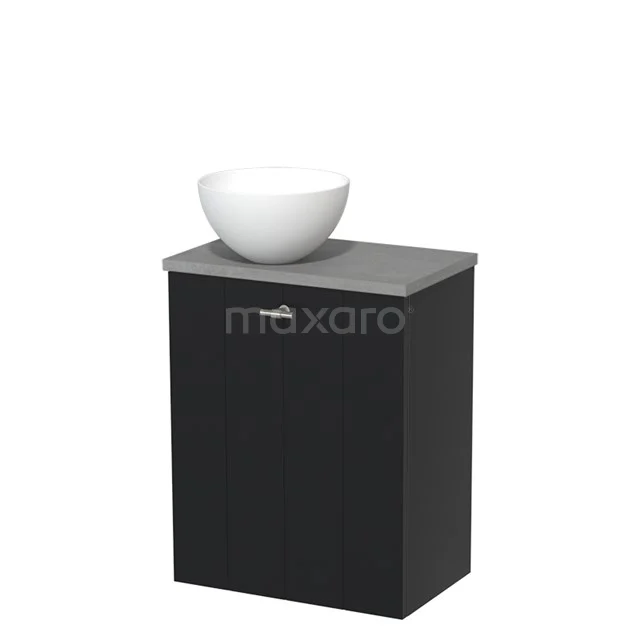 Compact zwart badkamermeubel met grijze top en witte waskom, ideaal voor moderne badkamers.