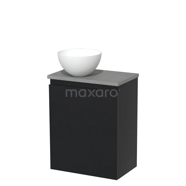 Zwart badkamermeubel met grijs blad en witte waskom, modern design, ideaal voor stijlvolle badkamerinrichting.