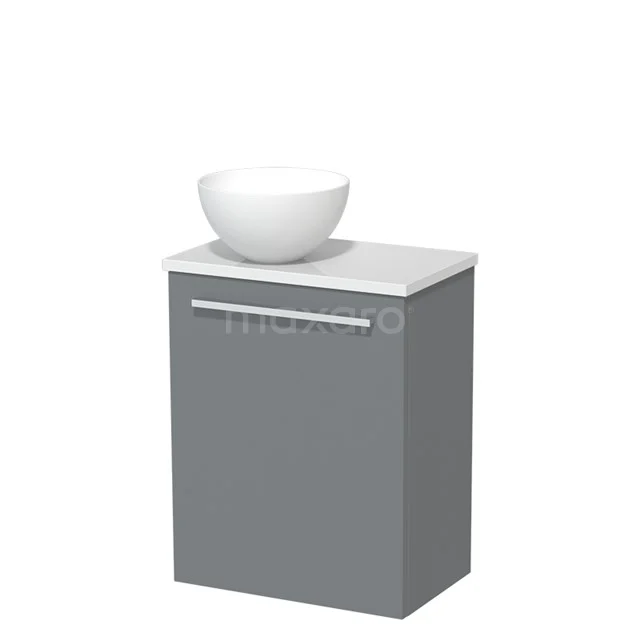 Graues Badezimmermöbel mit weißem Aufsatzwaschbecken, kompaktes Design und klare Verarbeitung, perfekt für moderne Badezimmergestaltung.