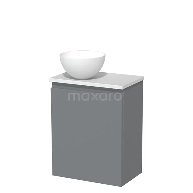 Grijze badkamermeubelset met wit keramische waskom, compact ontwerp en strakke afwerking voor moderne badkamers.