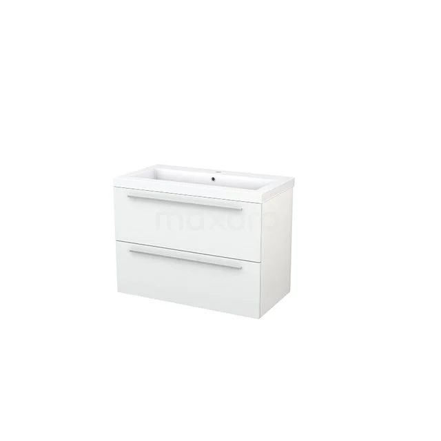 Modulo+ Vanity units with basin | 90 cm High-gloss white Flat front Mineral marble 2 Stacked drawers BMP002897 White bathroom furniture set with two soft-close drawers, modern design, glossy finish and built-in basin.