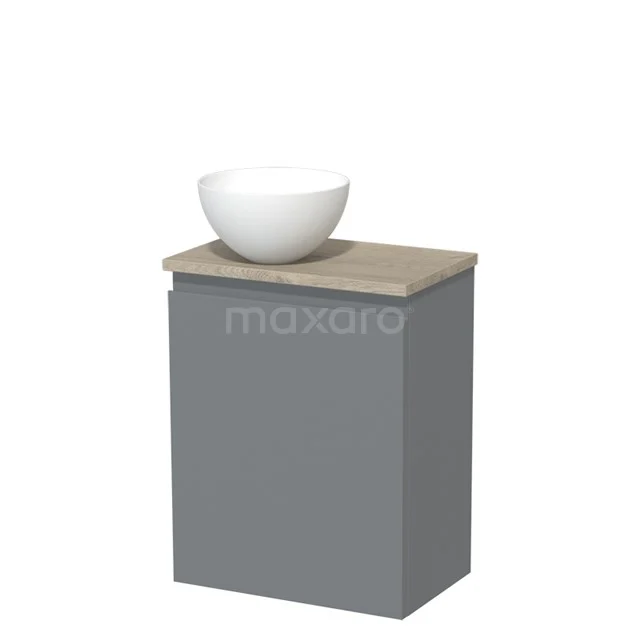 Grijze badkamerkast met houtlook blad en witte opzetwaskom, perfect voor een moderne badkamerstijl.