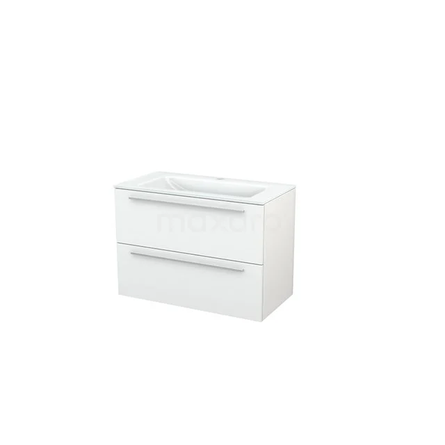 Weißes Badezimmermöbel mit zwei Schubladen, schlankem Design und integriertem Waschbecken, ideal für moderne Bäder.