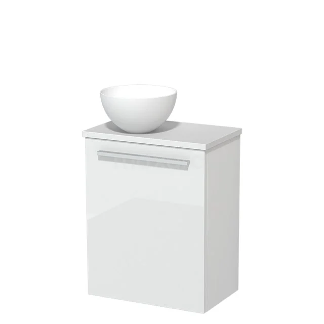 Weißes Badezimmermöbel mit keramischem Aufsatzwaschbecken, glänzender Oberfläche und modernem Design für eine stilvolle und klare Ausstrahlung.