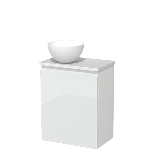 Weißes Badezimmermöbel mit keramischem Aufsatzwaschbecken oben, modernes Design, kompaktes Format ideal für kleine Bäder.