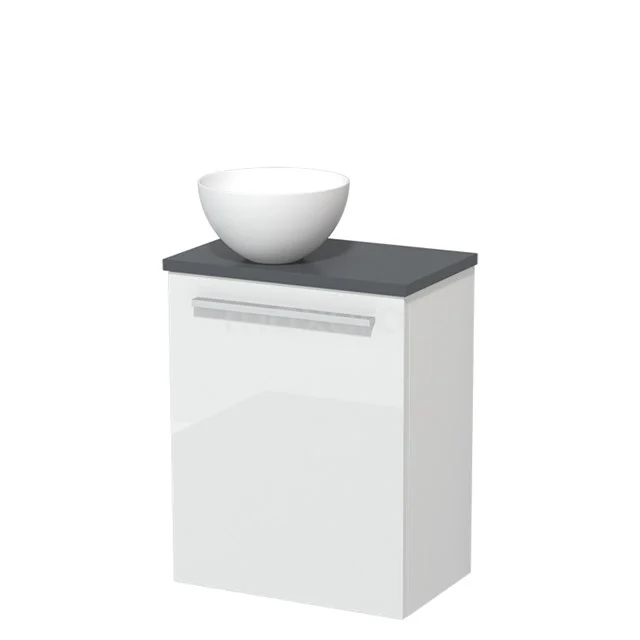 Weißes Badezimmermöbel mit grauer Platte und rundem Aufsatzwaschbecken, kompaktes Design, ideal für kleine Badezimmer.