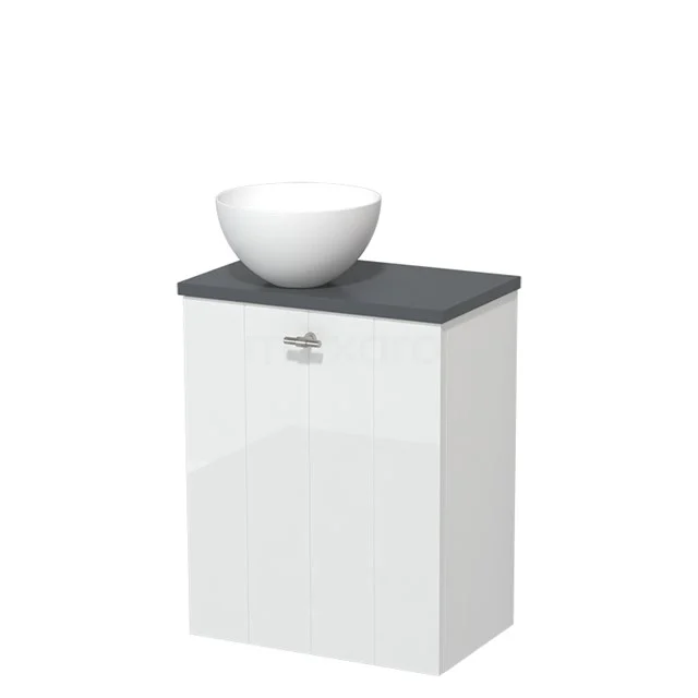 Wit badkamermeubel met grijs blad en ronde witte wastafel, compact design van hoogwaardig materiaal.