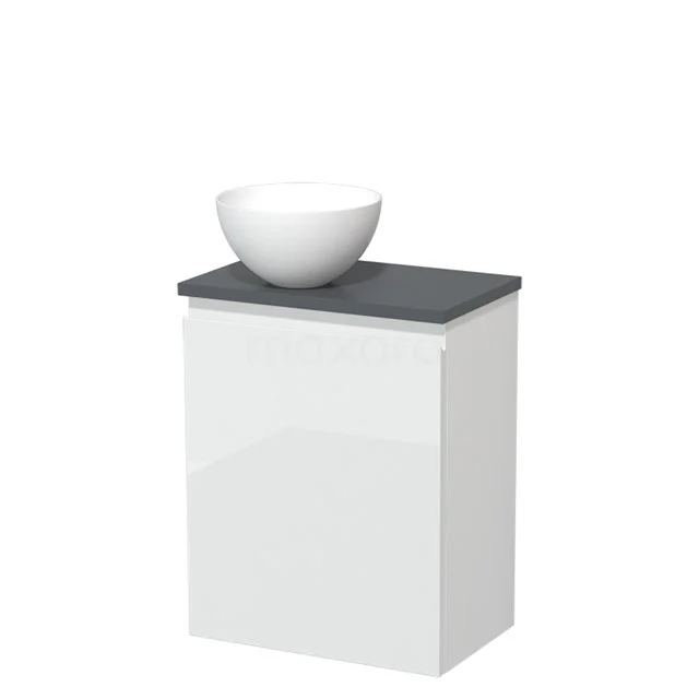 Wit badkamermeubel met een grijze bovenblad en een ronde, witte wastafel van keramiek, compact en modern ontwerp.