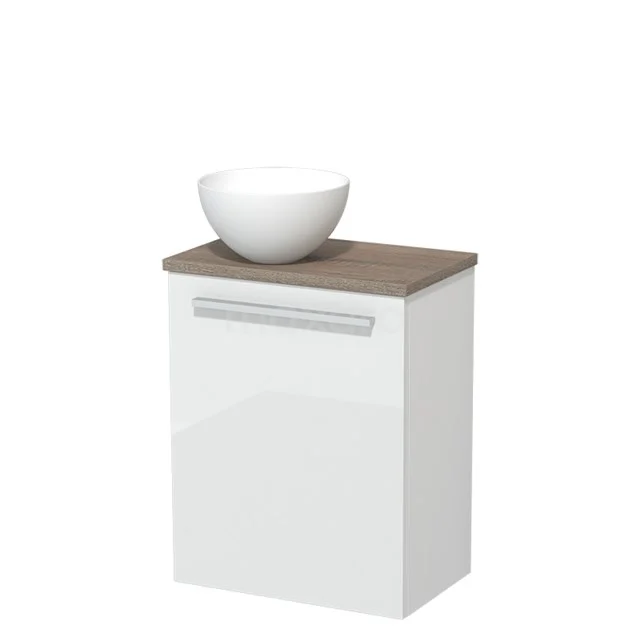 Wit badkamermeubel met houtlook blad en ronde waskom, compact design ideaal voor kleine badkamers.