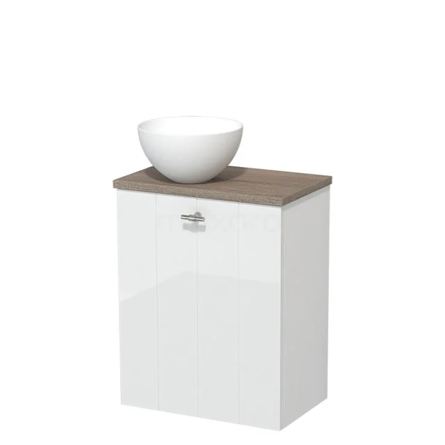 Weißer Badschrank mit Holzplatte und rundem weißen Aufsatzwaschbecken, modernes Design, ideal für kompakte Bäder.