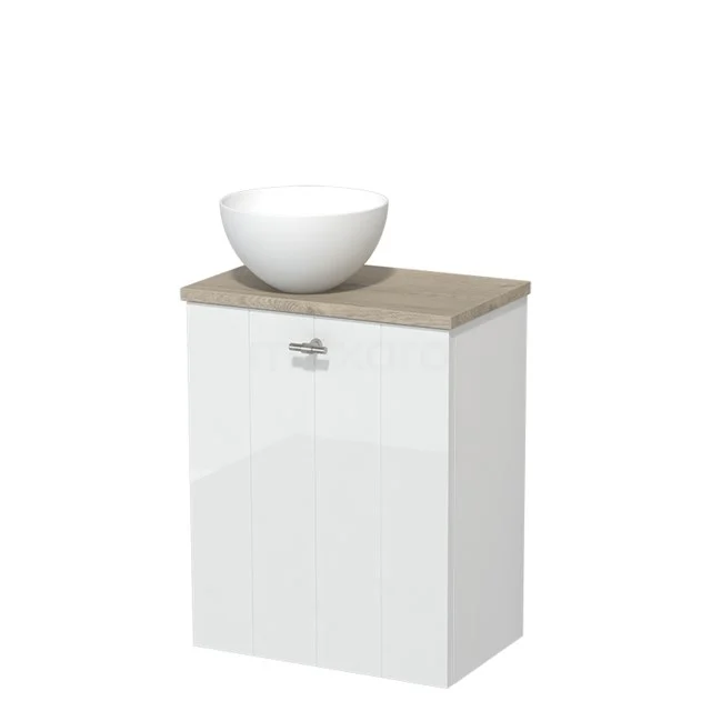 Toiletmeubel met waskom | 41 cm Hoogglans wit Lamel front Mat wit Solid surface waskom Lichtgrijs eiken blad TMK10-08520