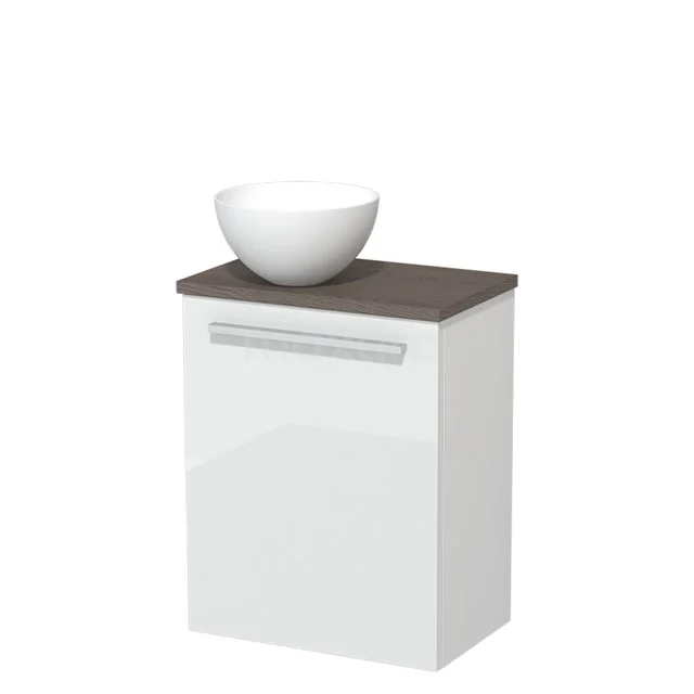 WC-Möbel mit Waschbecken | 41 cm Hochglanz Weiß Glatte Front Matt Weiß Solid Surface Aufsatzwaschbecken Dunkelbraune Eiche Platte TMK10-08523 Weißes Badezimmermöbel mit Holzplatte und modernem schalenförmigem Waschbecken, ideal für eine stilvolle und kompakte Badezimmergestaltung.