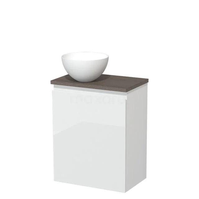 Wit badkamermeubel met houten blad en ronde waskom, ideaal voor een moderne badkamer. Compact ontwerp met stijlvolle afwerking.