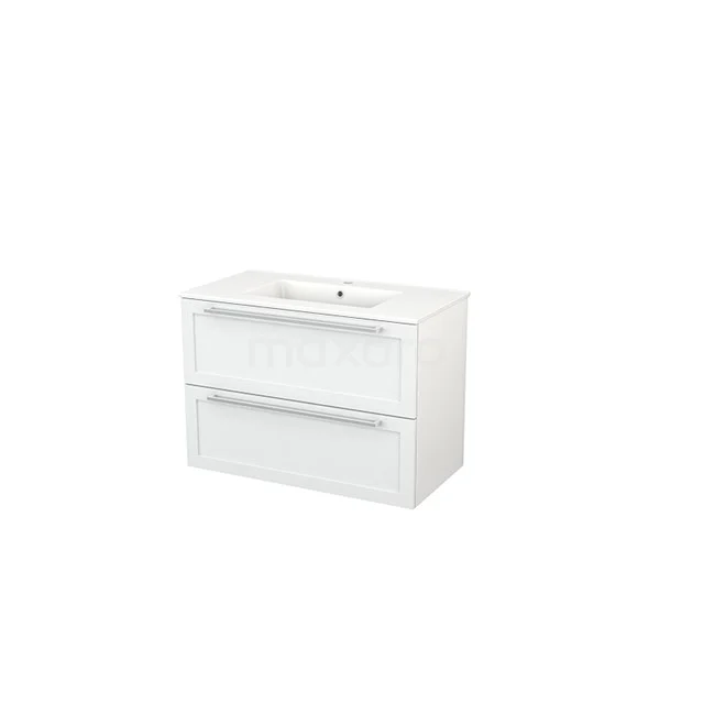 White bathroom furniture set with two drawers, sleek design, glossy finish, and integrated basin for modern bathrooms.