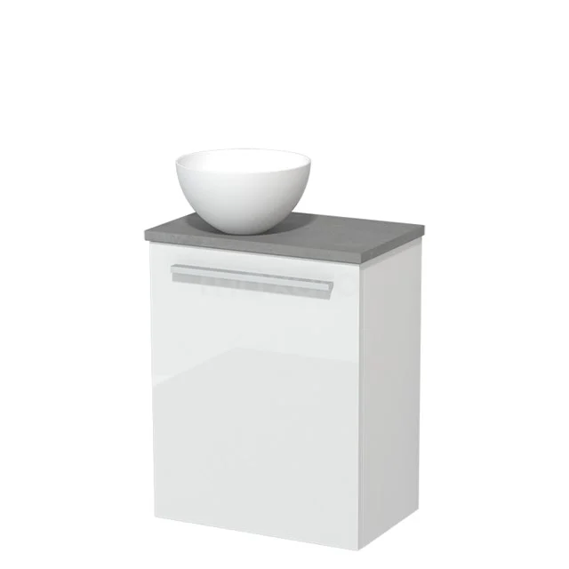 Wit badkamermeubel met grijze bovenblad en ronde waskom, compacte opbergruimte ideaal voor moderne badkamers.