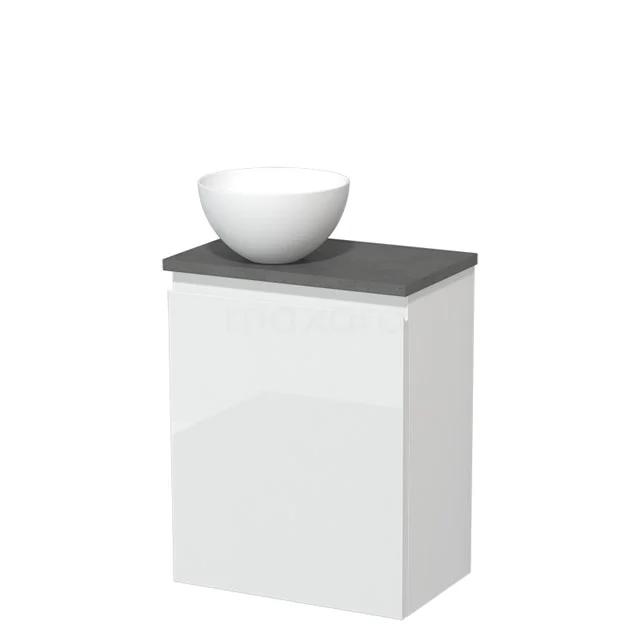 Wit badkamermeubel met grijze bovenkant en ronde witte wastafel, modern design, ideaal voor stijlvolle badkamerinrichting.