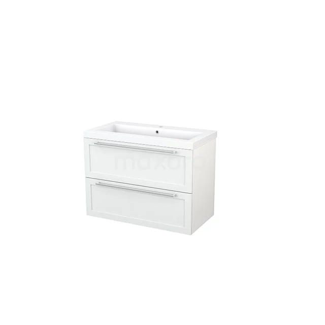 White bathroom furniture set with built-in basin, two drawers and sleek design, ideal for modern bathroom storage.