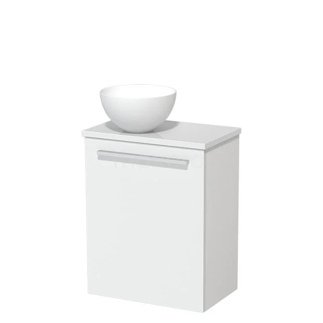 Wandhangend wit badkamerkastje met keramische waskom, modern design en softclose lade, perfect voor compacte badkamers.