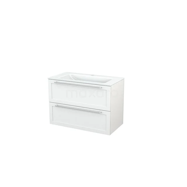 Modulo+ Waschtische | 90 cm Hochglanz Weiß Rahmen front Glas 2 übereinanderliegende Schubladen BMP002915 Weißer Badschrank mit zwei Schubladen, modernes Design, glänzende Oberfläche, ideal zur Aufbewahrung in einem stilvollen Badezimmer.