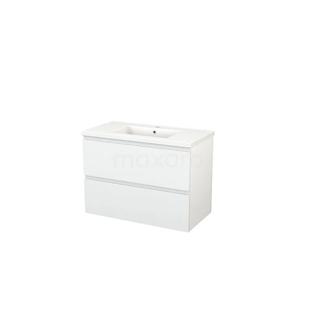 White, rectangular bathroom unit with two drawers and integrated vanity units with basin, made of high-gloss material.