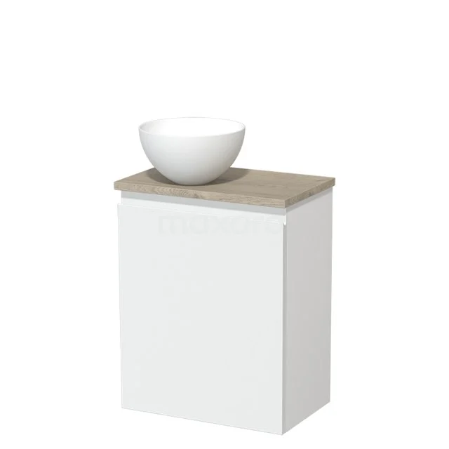 Wit badkamermeubel met houten blad en ronde waskom, modern en compact design voor een stijlvolle uitstraling.