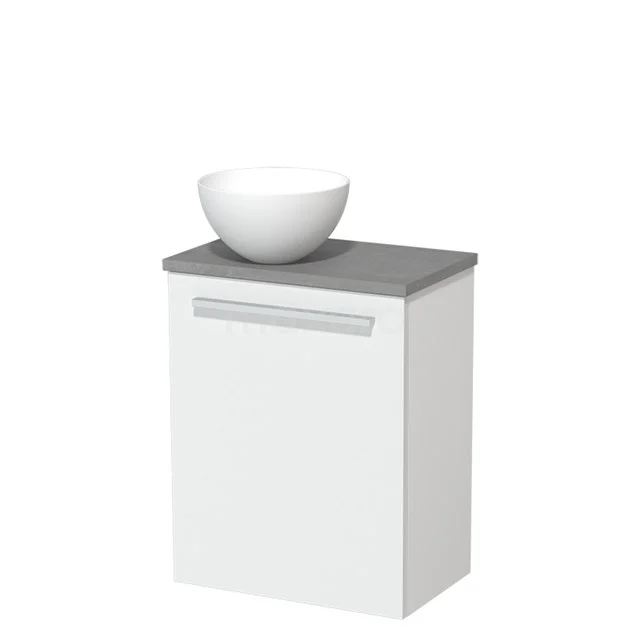 Wit badkamermeubel met grijs blad, keramische wastafelkom en moderne ladegreep, ideaal voor een stijlvol badkamerinterieur.
