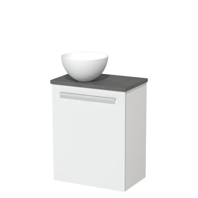 Wit badkamermeubel met grijs blad en losse ronde wastafel, strak design en minimalistisch, perfect voor moderne badkamers.