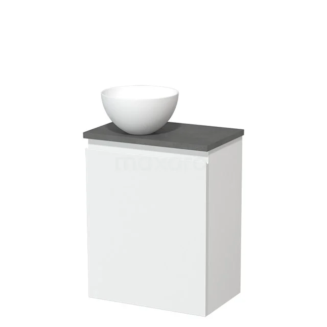 Wit badkamermeubel met grijze bovenplaat, inclusief ronde witte waskom van keramiek, modern ontwerp voor kleine badkamers.