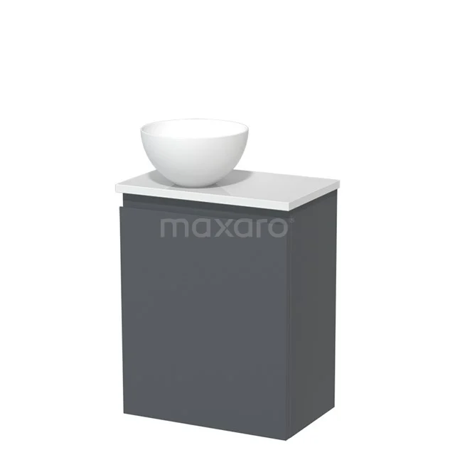 Donkergrijs badkamermeubel met wit marmeren blad en ronde opzetwaskom, compact en modern design voor kleine badkamers.