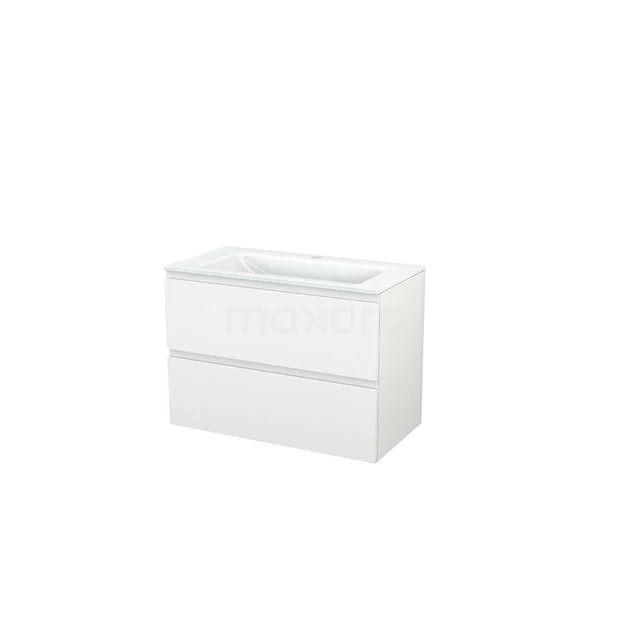 White vanity unit with modern clean lines, including two drawers, ideal for stylish bathroom storage.