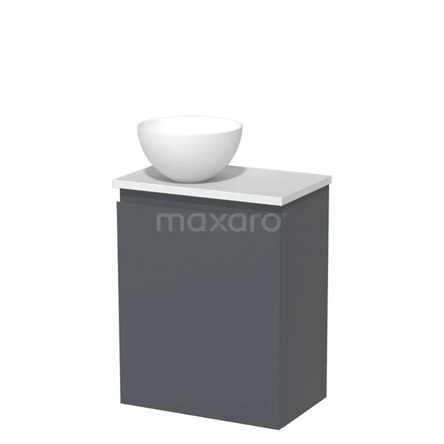 Grijze badkamerkast met witte wastafelbol, modern design, compact formaat ideaal voor kleine badkamers.