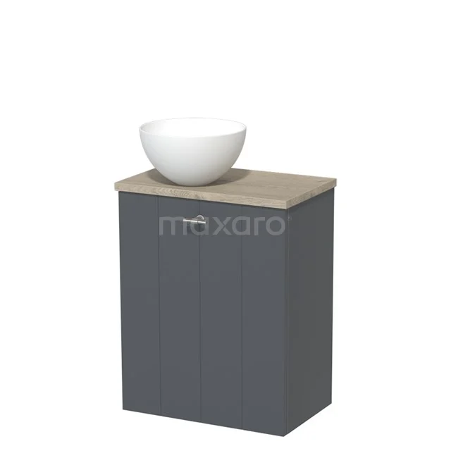 Grey bathroom cabinet with wood-look worktop, white round basin, compact design, ideal for modern bathroom design.