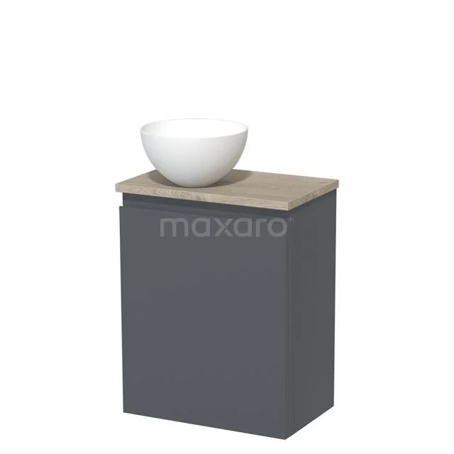 Dunkelgraue Badmöbelset mit Aufsatzwaschbecken aus Keramik auf Holzoptik Platte, modernes und kompaktes Design.