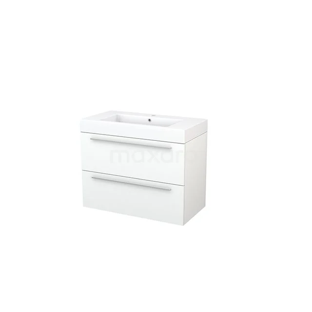 White bathroom furniture set with two drawers, minimalist design, glossy finish and integrated basin.